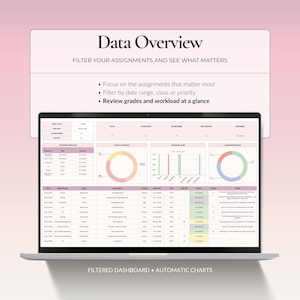 Data overview dashboard for filtering assignments by date range, class, course and priority with automatic deadline and grade charts.