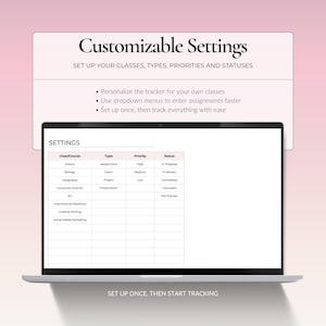 Customizable settings tab for adding classes, assignment types, priorities and statuses to a Google Sheets assignment tracker.