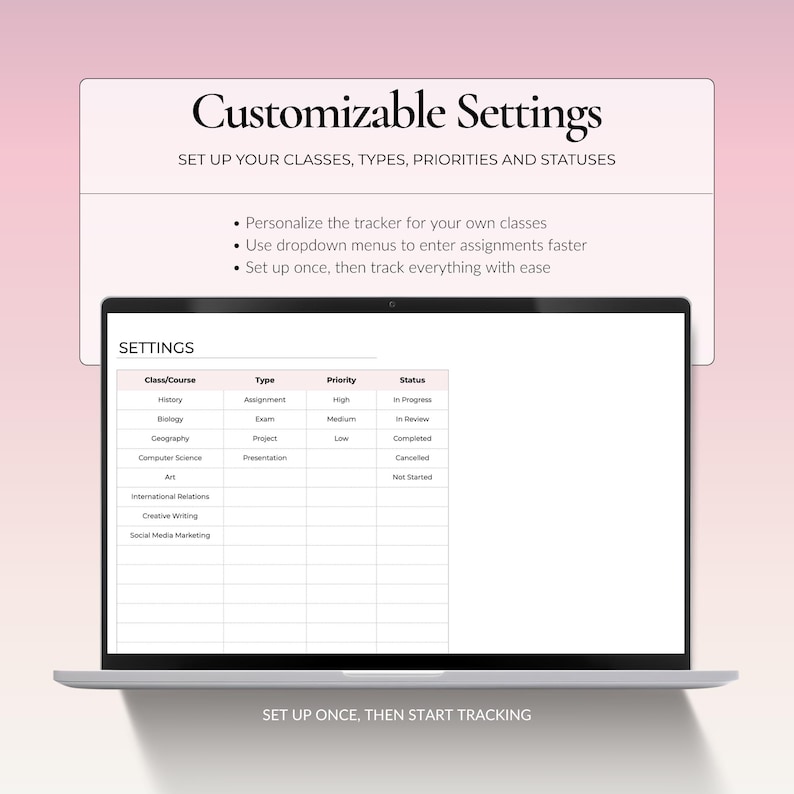 Customizable settings tab for adding classes, assignment types, priorities and statuses to a Google Sheets assignment tracker.