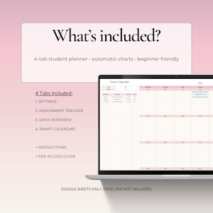 What is included in the assignment tracker: settings, assignment tracker, data overview, smart calendar, instructions and PDF access guide.