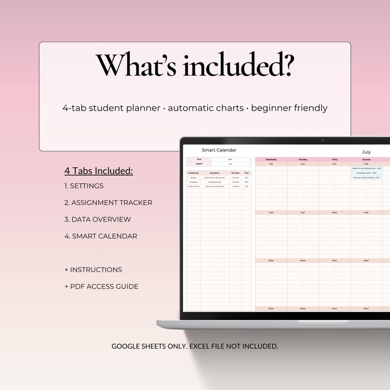 What is included in the assignment tracker: settings, assignment tracker, data overview, smart calendar, instructions and PDF access guide.