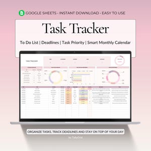 May include: A digital task tracker spreadsheet displayed on a laptop screen. The interface features a task list, deadlines, priority levels, and a smart monthly calendar with data visualisation charts including pie and bar graphs in soft pastel tones.