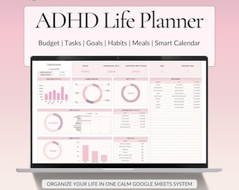 ADHD Planner Google Sheets, ADHD Digital Planner Spreadsheet: Budget tracker, Task tracker, Habit tracker, Goal, Meal & Smart Calendar