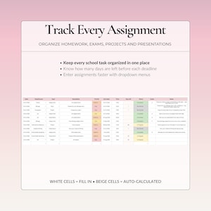 Assignment tracker table with class, assignment type, priority, due date, days left, status, grade and notes in Google Sheets.