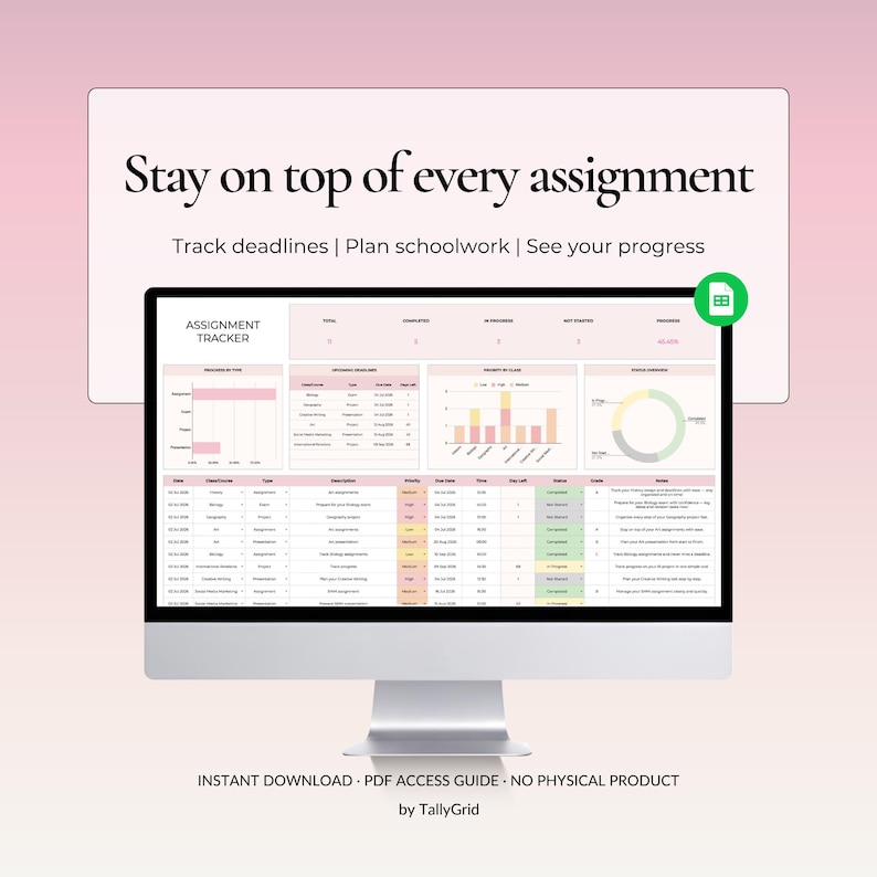 Assignment tracker spreadsheet for students to track homework, deadlines, grades, progress and schoolwork in Google Sheets.