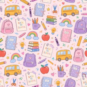 May include: A repeating pattern on a light pink background featuring school-themed illustrations including yellow school buses, pink and purple backpacks, spiral notebooks, red apples, rainbows, light bulbs, scissors, and notes labeled BACK TO SCHOOL.