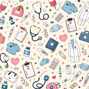 Puede incluir: Un patrón repetitivo sobre un fondo crema que presenta ilustraciones médicas que incluyen estetoscopios, uniformes azules, batas blancas, portapapeles con las etiquetas Patient Care y Notes, jeringas, termómetros, frascos, mascarillas y corazones.