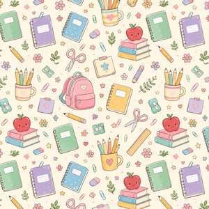 May include: A repeating pattern on a cream background featuring school supplies including pink backpacks, spiral notebooks in green, blue, and purple, mugs with pencils, stacks of books topped with smiling red apples, scissors, and rulers.