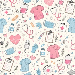 Puede incluir: Un patrón continuo con ilustraciones médicas que incluyen casacas rosas y azules, estetoscopios rosas, portapapeles de planes de enfermería, bolsas de suero, mascarillas, termómetros, frascos de pastillas, cápsulas, tiritas y corazones sobre fondo crema.