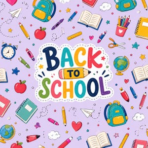 May include: A light purple background featuring a repeating pattern of school supplies including backpacks, globes, notebooks, pencils, pens, scissors, apples, and paper airplanes, with the text BACK TO SCHOOL centered in a white sticker design.