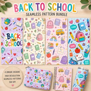 May include: A digital bundle featuring four seamless patterns with school-themed illustrations like backpacks, books, pencils, and buses. The designs include colorful icons on purple, cream, pink, and blue backgrounds with the text Back To School.