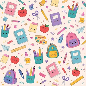 Puede incluir: Un patrón repetitivo sobre un fondo crema claro que presenta diversos artículos escolares con caras sonrientes, incluyendo cuadernos de espiral rosas, azules y morados, manzanas rojas, mochilas coloridas, portalápices, reglas, tijeras y pegamento.
