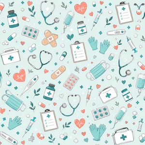 Könnte beinhalten: Ein sich wiederholendes Muster auf hellblauem Hintergrund mit medizinischen Illustrationen, darunter Stethoskope, Spritzen, Pillendosen, Pflaster, Klemmbretter mit Checklisten, Gesichtsmasken, Handschuhe, Thermometer und rote Herzsymbole.