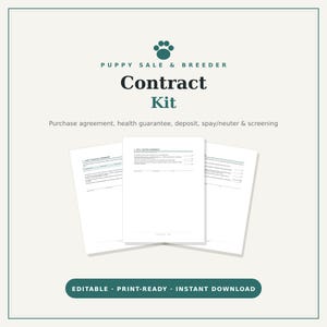 Op de afbeelding: Een Puppy Sale & Breeder Contract Kit met een pootafdruk-icoon, de tekst "Puppy Sale & Breeder Contract Kit" en documenten zoals een koopovereenkomst, gezondheidsgarantie, aanbetaling, sterilisatie/castratie en screeningformulieren.