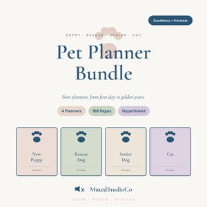 May include: A digital pet planner bundle featuring four planners: New Puppy, Rescue Dog, Senior Dog, and Cat. The set includes 168 pages total, with 42 pages per planner. The design is hyperlinked and compatible with GoodNotes and printable formats.