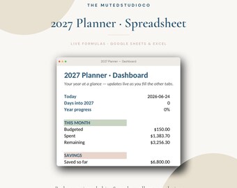 May include: A digital 2027 planner spreadsheet dashboard for Google Sheets and Excel by The MutedStudioCo. The interface displays a summary of budget, savings, and year progress with live formulas, showing fields for today's date, days into 2027, and financial totals.
