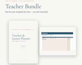 May include: A digital teacher bundle featuring a teacher and lesson planner and a gradebook. The planner cover displays the text Teacher & Lesson Planner, while the gradebook shows a table with student names and grades. The design uses a neutral color palette.