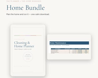 May include: A digital home bundle planner featuring the text The Planner + The Home Manager Home Bundle, Plan the home and run it - one calm download. Includes a Cleaning & Home Planner page and a Home Maintenance table with columns for item, frequency, dates, and status.