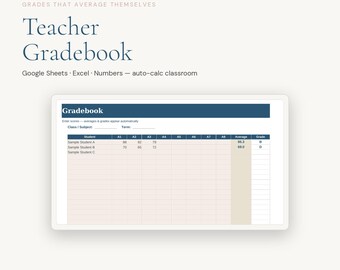 May include: A digital teacher gradebook spreadsheet template featuring a dark blue header with the text Gradebook, Class/Subject, Term, and columns for student names, assignment scores, averages, and letter grades, compatible with Google Sheets, Excel, and Numbers.
