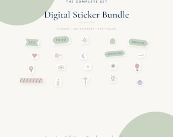 May include: A digital sticker bundle featuring 267 individual stickers across three packs. The collection includes icons like a heart, camera, sun, moon, star, and text labels such as JAN, TO DO, BREATHE, and ADVENTURE in a muted sage and neutral color palette.