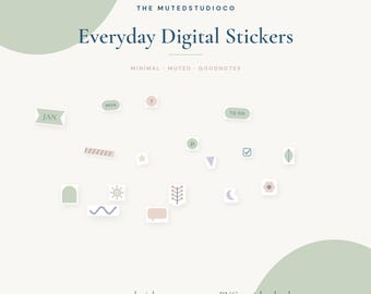 May include: A collection of digital stickers featuring muted colors and various shapes including a calendar month, days, dates, to-do lists, stars, moons, and floral icons. The text reads THE MUTEDSTUDIOCO Everyday Digital Stickers, 115 pre-cropped stickers.