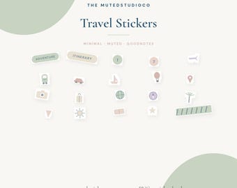 May include: A collection of digital travel stickers featuring muted colors and icons including a camera, globe, sailboat, hot air balloon, and luggage. Text includes THE MUTEDSTUDIOCO, Travel Stickers, MINIMAL, MUTED, GOODNOTES, and ADVENTURE, ITINERARY.