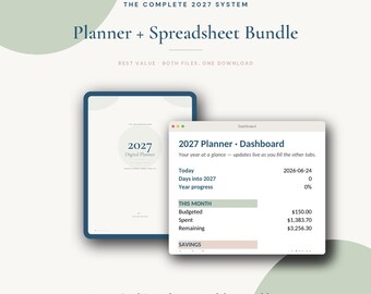 May include: A digital 2027 planner and spreadsheet bundle featuring a minimalist interface. The planner cover displays 2027 Digital Planner, while the dashboard shows financial tracking data including budgeted, spent, and remaining amounts.