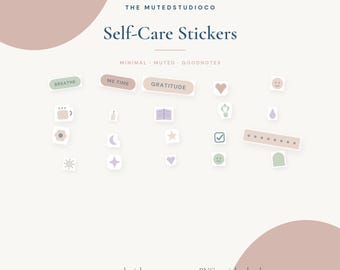 May include: A collection of digital self-care stickers featuring muted tones and various icons including a heart, star, moon, sun, checkmark, and text labels like BREATHE, ME TIME, and GRATITUDE. The text THE MUTEDSTUDIOCO Self-Care Stickers is visible.