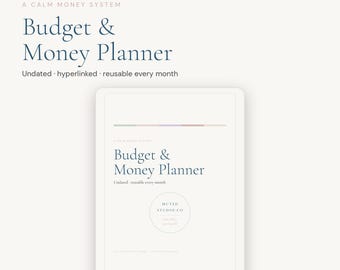 May include: A digital budget and money planner with a clean, off-white interface. The text reads A CALM MONEY SYSTEM, Budget & Money Planner, Undated, hyperlinked, reusable every month, and MUTED STUDIO.CO. The design features soft pastel color accents.