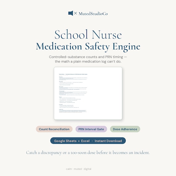 School Nurse Controlled-Substance & PRN Medication Tracker | Count Reconciliation and Dose Interval Safety | Google Sheets + Excel