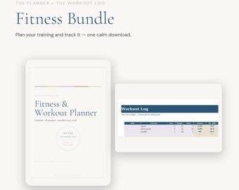 May include: A digital fitness bundle featuring a Fitness & Workout Planner and a Workout Log. The planner cover displays the text Fitness & Workout Planner, Undated, all-purpose, reusable every week, and Muted Studio Co. The log shows exercise data.