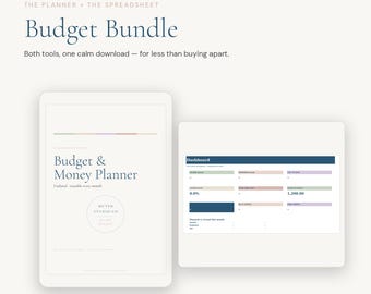 May include: A digital budget bundle featuring a Budget & Money Planner and a spreadsheet dashboard. The planner cover displays the text Budget & Money Planner and Muted Studio Co. The dashboard shows financial categories in blue, green, and pink.