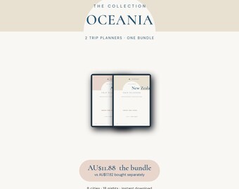 May include: Two digital trip planners titled The Collection Oceania, featuring a beige and white color scheme with dark blue text. The planners include the text Mutedstudioco, 2 Trip Planners One Bundle, 8 cities, 18 nights, and instant download.