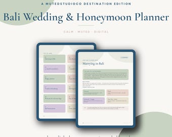May include: A digital Bali Wedding & Honeymoon Planner by MutedStudioCo featuring a tap-to-jump dashboard and 14 hyperlinked pages. The interface displays soft sage green, lavender, and beige rectangular sections with text for wedding planning.