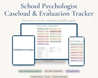 Op de afbeelding: Een digitale casus- en evaluatietracker voor schoolpsychologen, weergegeven op een computermonitor, tablet en smartphone. De interface bevat een dashboard met kleurgecodeerde statusbalken voor het bijhouden van evaluaties en deadlines.
