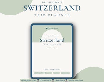 May include: A digital Switzerland trip planner displayed on a tablet screen with a dark blue border. The text reads The Ultimate Switzerland Trip Planner, Alps, lakes & old towns, 5 cities - 12 nights mapped, GoodNotes + iPad, Print at home, Hyperlinked, Instant Download.