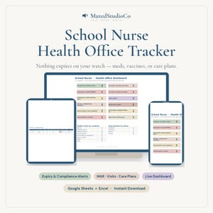 May include: A digital School Nurse Health Office Tracker template displayed on a computer monitor, tablet, and smartphone. The dashboard features color-coded sections for tracking student health rosters, emergency medications, and immunization compliance.