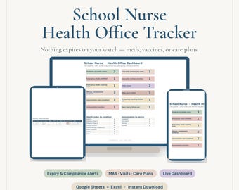 Op de afbeelding: Een digitaal sjabloon voor een Schoolverpleegkundige Gezondheids-tracker, weergegeven op een computermonitor, tablet en smartphone. Het dashboard bevat kleurgecodeerde secties voor het bijhouden van leerlinggegevens en vaccinatiestatus.