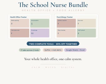 May include: The School Nurse Bundle digital tracker set by MutedStudioCo includes a Health Office Tracker and a Food Allergy Tracker. The interface features pastel-colored data fields for tracking medications, immunizations, screenings, and allergy alerts.