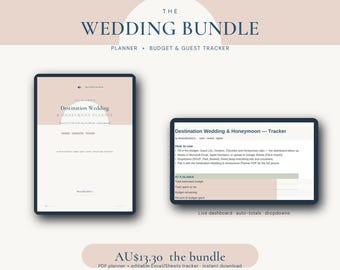 May include: A digital wedding bundle featuring a planner and tracker. The planner cover displays the text THE WEDDING BUNDLE, PLANNER + BUDGET & GUEST TRACKER, and Destination Wedding & Honeymoon Planner. The tracker shows a dashboard with budget fields.