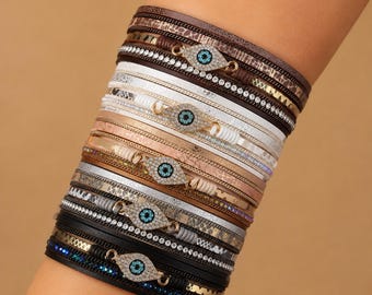Handcrafted Boho Leather Bracelet Set With Crystal Embellished Evil Eye Symbol Suitable For All Seasons And Occasions