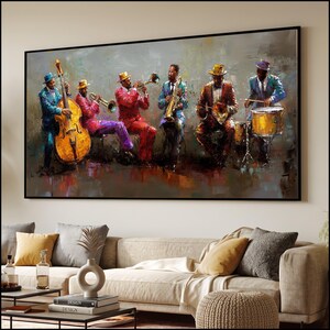 May include: A rectangular wall art print featuring an oil painting of a five-piece jazz band. The musicians are depicted playing a double bass, two trumpets, a saxophone, and drums, all wearing suits and hats in shades of red, blue, and brown.