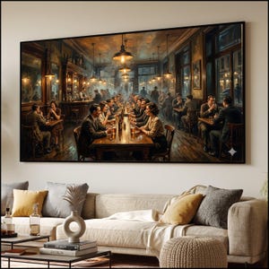 May include: A large rectangular wall art print depicting a crowded, dimly lit tavern scene with people seated at wooden tables, drinking from glasses, and illuminated by hanging pendant lights, all framed in a thin black border on a wall.