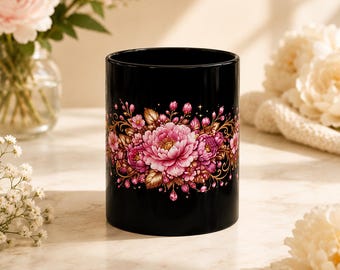 Tazza in ceramica vintage con motivo floreale di peonia rosa / Tazza da tè botanica in stile cottagecore (325 ml)