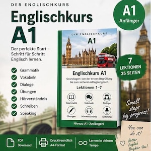 Könnte beinhalten: Ein digitaler Englischkurs A1 mit einem Coverbild von Big Ben und einem roten Doppeldeckerbus. Das Lehrmaterial umfasst 7 Lektionen auf 35 Seiten und deckt Grammatik, Vokabeln, Dialoge, Übungen, Hörverständnis, Schreiben und Sprechen ab.
