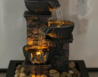 3 Tier Tabletop Water Fountain with LED Light, Indoor Zen Meditation Fountain, Relaxing Waterfall Desktop Decor, Resin Rock Fountain