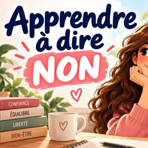 Peut inclure: Une illustration représentant une personne aux longs cheveux bruns ondulés portant un pull rose, assise à un bureau avec une tasse ornée d'un cœur. Le texte indique Apprendre à dire NON, Une vie plus libre plus sereine plus moi, CONFIANCE, ÉQUILIBRE, LIBERTÉ, BIEN-ÊTRE.