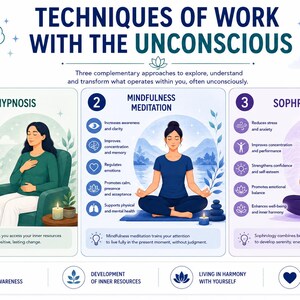 May include: An educational infographic titled TECHNIQUES OF WORK WITH THE UNCONSCIOUS. It features three sections: 1. SELF-HYPNOSIS, 2. MINDFULNESS MEDITATION, and 3. SOPHROLOGY. Each section includes descriptive text, icons, and illustrations of individuals.