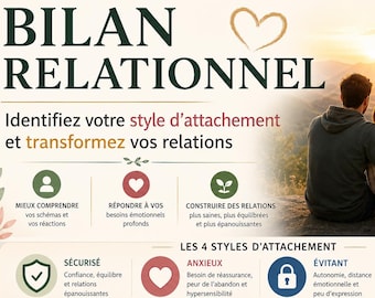May include: An informational graphic titled BILAN RELATIONNEL featuring text about attachment styles, including sections on understanding reactions, emotional needs, and building relationships, with a sunset landscape image of two people.