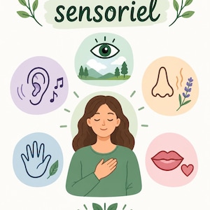 Può includere: Un poster intitolato Ancrage sensoriel con un'illustrazione centrale di una persona con una mano sul petto. Attorno vi sono cinque icone circolari che rappresentano vista, udito, olfatto, tatto e gusto, con una piccola pianta nella parte inferiore.